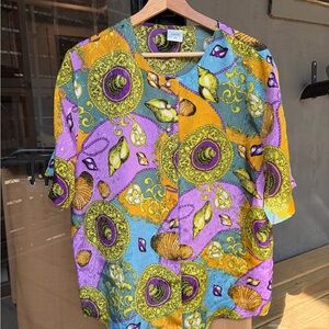 Colorful Vintage Seashell Print Button-Front Blouse
